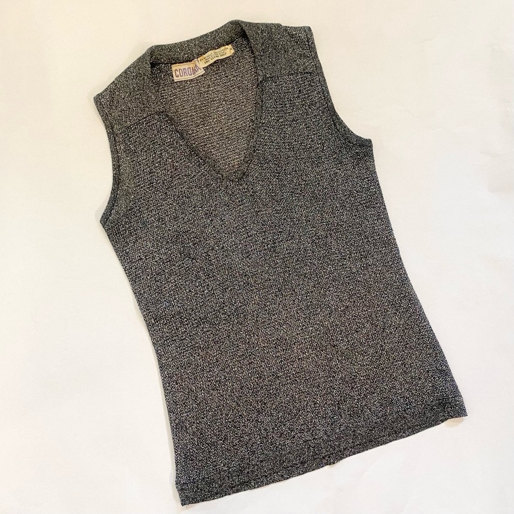 Vintage 1960s Metallic Silver Black Shimmer Knit Pullover Sweater Vest Gilet